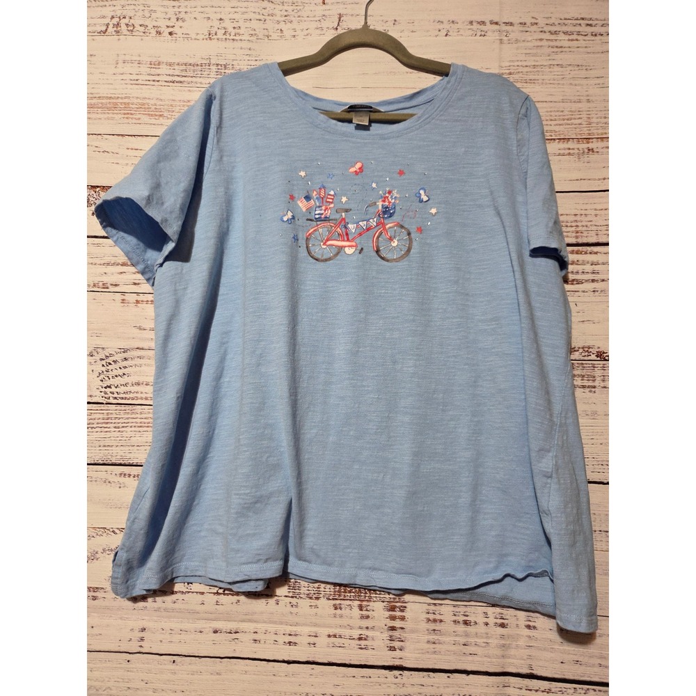 CJ Banks Womens 3X Blue Patriotic Bicycle Slub Knit Graphic T-Shirt USA Flag
